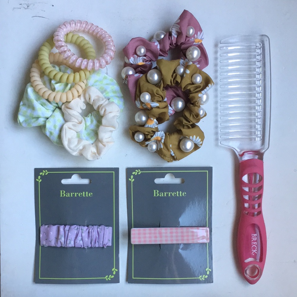 Girls Pink Comb Pastel Hair Accessories Set Beaded Scrunchy Barrette Gingham